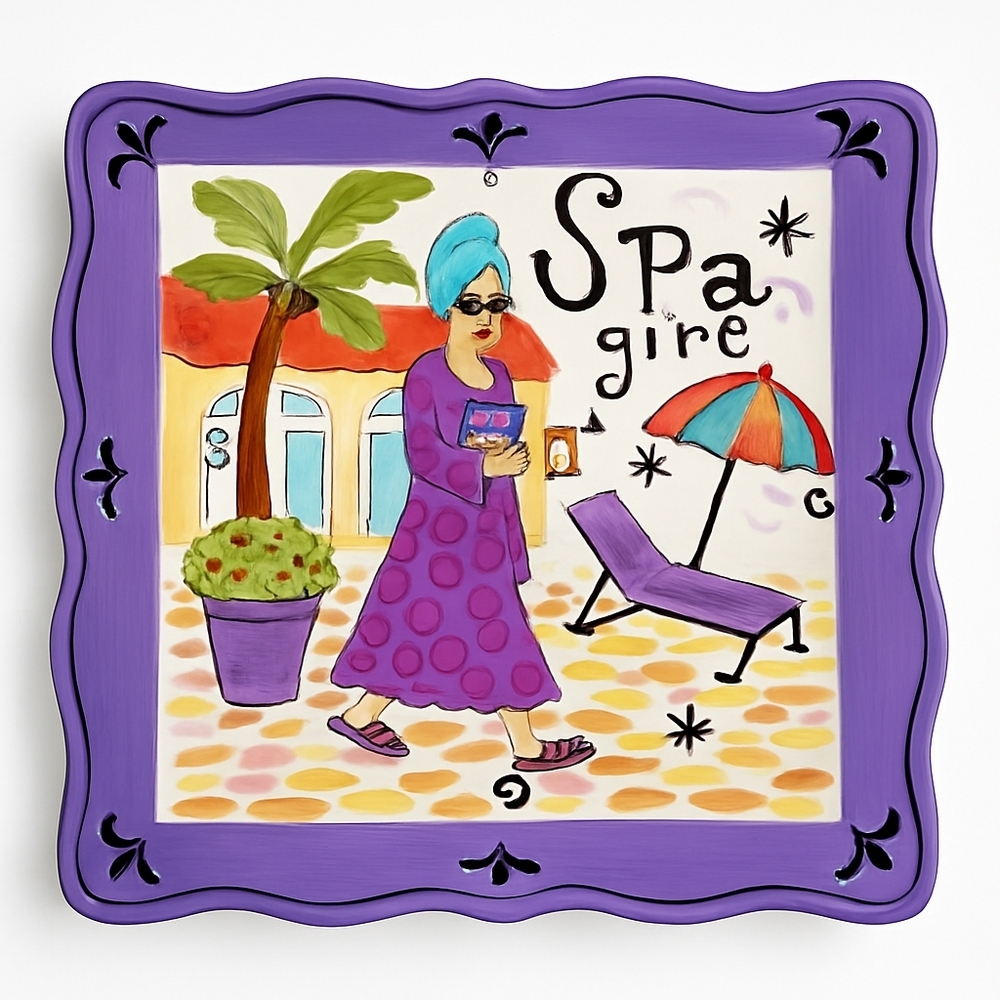 Spa Girl Whimsy Ceramic Square Plate Funky Hand-Painted Decor